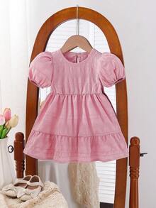 女婴可爱纯色圆领泡泡袖A字公主裙，舒适优雅，适合居家、日常穿着、外出、春夏季 - 粉色 - 查看 2