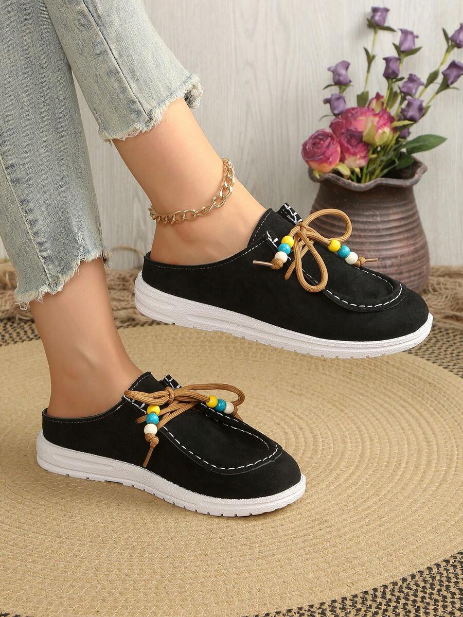 Preppy Style Lace-Up Beaded Criss-Cross Tie Flat Loafers For Women, Vintage Casual Slip-On Shoes, Versatile For Autumn
