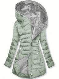 [Fleece-Lined] Winter Fleece-Lined Women's Hooded |   Mid-Length Relaxed Fit Coat With Zipper Front, Long Sleeve Casual Outerwear Cold Weather
