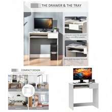 THE 80cm Compact Computer Desk With Keyboard Tray, Home Office Desk With Drawer Bedroom Study, White - White - View 1