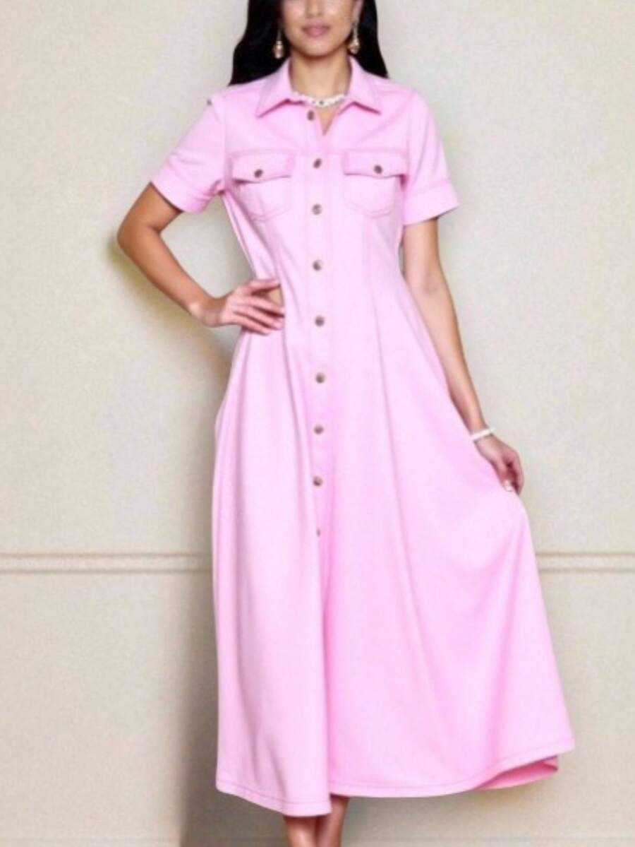 Women's Long Midi Dress With Buttons, Short Sleeves, With Pockets, Tailored Shirt, Elegant, Sensorial, Evangelical Fashion, Accentuated, Chemise 2026 - 淺粉色 - 查看 1