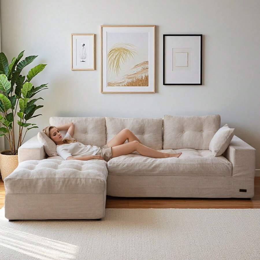 MAXYOYO L-Shaped Modular Sofa With Convertible Left/Right Ottoman,Cloud-Textured Tufted Cushions,Four Combinations,Sofa In A Box,No Assembly Required - 米色 - 查看 1