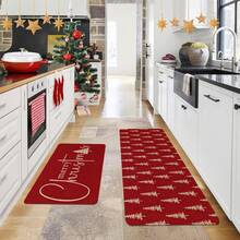 1/2-częściowa mata podłogowa na Boże Narodzenie, luksusowe czerwone tło ozdobione białym wzorem choinki, mata kuchenna, motyw radości, dekoracja w świątecznym klimacie, idealna do gabinetu, kuchni, sypialni, dekoracji domu, tworząca wygodną i wykwintną, radosną atmosferę - Wielokolorowe - Zobacz 1