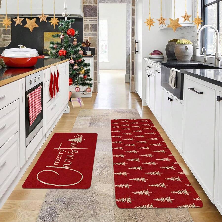 1/2-częściowa mata podłogowa na Boże Narodzenie, luksusowe czerwone tło ozdobione białym wzorem choinki, mata kuchenna, motyw radości, dekoracja w świątecznym klimacie, idealna do gabinetu, kuchni, sypialni, dekoracji domu, tworząca wygodną i wykwintną, radosną atmosferę - Wielokolorowe - Zobacz 1