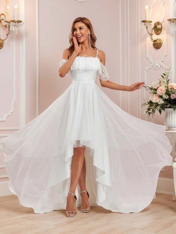 Rochie de mireasă elegantă pentru femei, cu tiv asimetric și volane în formă de umăr, din dantelă