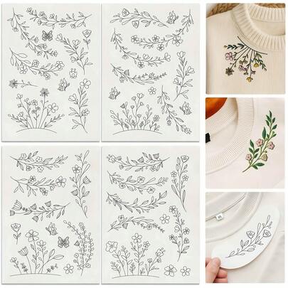 29 piezas de estabilizador de bordado con flores y enredaderas, 21.08cm X 29.72cm Palitos de bordado y pegatinas solubles en agua, 4 piezas de papel de estampado de borde floral para bordado, con 9 videos tutoriales de puntadas de bordado