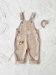 Baby Girls' Casual All-Over Embroidered Floral Light Blue Suspender Pants, Summer