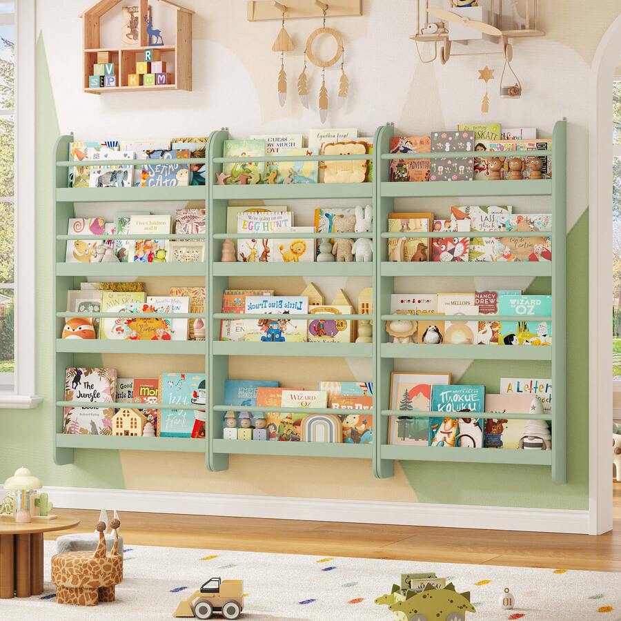 Furchen Bibliothèque pour Enfants,Bibliothèque Montessori pour Enfants avec 4 étagères, Bibliothèque murale pour chambres et salles de jeux, blanc 57x12x111,5cm - Vert - Voir 1