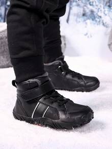 Dziecięce buty sportowe na świeżym powietrzu, zimowe buty trekkingowe, chłopięce buty barefoot, grube, ciepłe buty sportowe z termiczną podszewką, odpowiednie do noszenia na co dzień, wędrówek i uprawiania różnych sportów - Czarne - Zobacz 4