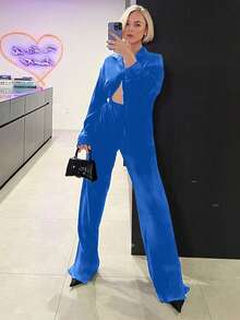 2pcs Women's Fashionable Pleated Shirt And Comfortable Wide-Leg Pants Set, Casual, Ladies Spring/Fall Casual Pocket, Zipper Long Sleeve Loose Blouse Pants Women Two-Piece Outfits, Casual Daily Wear - 寶藍色 - 查看 2