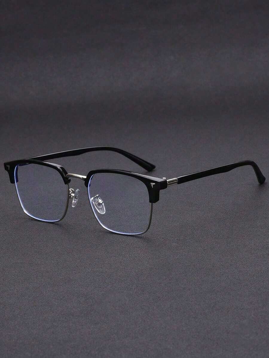 1pc Men's Metal Half-Frame Business Retro Non-Prescription Glasses, Suitable For Daily Wear, Playing Computer Games, Office Work - màu đen - Xem 1