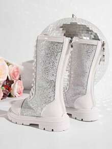 1 双女童秋冬高帮靴，后拉链高筒靴，儿童时尚公主高帮靴，简约优雅的设计 - 白色 - 查看 5