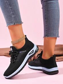 大码女士畅销百搭轻便休闲运动鞋，时尚舒适针织/系带/双色鞋底跑步鞋 - 黑色 - 查看 7