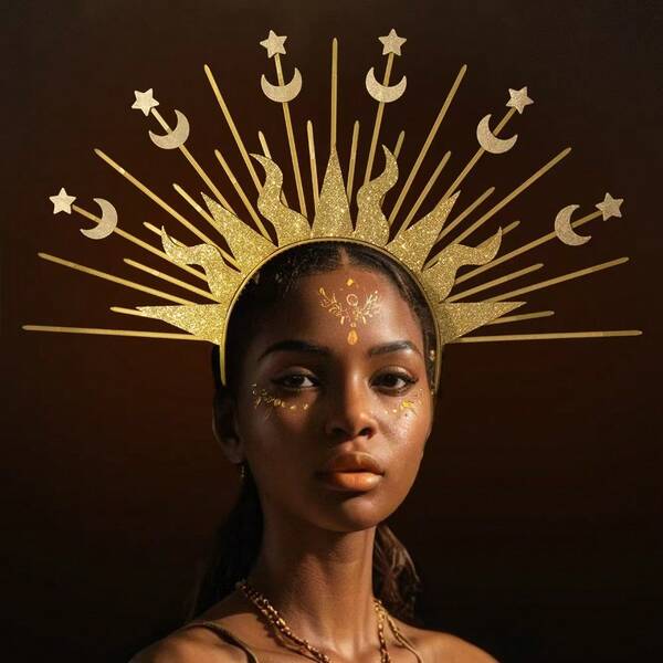 1PC Halloween Sun God Star Moon Combination Hair Button European And American Virgin Headdress Golden Goddess Cross-Border Fashion Show Character Dress Suitable For Carnival, Christmas, Easter And Other Party Activities
