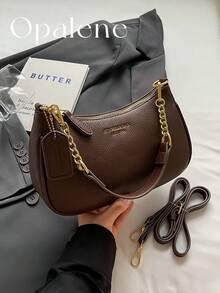 Retro Solid Color Shoulder Crossbody Bag For Women Crescent Pebbled Leather Office Purse Metal Chain Armpit Handbag For Commuting Travel Essentials - Coffee Brown - View 2