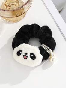 New Cute Panda Pearl Scrunchie Hair Tie, Sweet Cartoon Plush Pom Pom Ponytail/Bun Holder, Casual Elegant Bohemian Hair Accessories, Suitable For Spring, Summer, Autumn, Winter, Ponytail Holders, Hair Elastics, Hair Rubber Bands, Scrunchies, Hair Rope