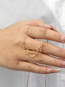 Customized Angel Wings Heart Name Necklace, Stainless Steel Personalized Necklace Pendant For Women, Unique Neck Chain Jewelry Birthday Gift - Multicolor - View 7