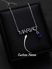 1pc Customized Name Necklace, Personalized Name Necklace With Blue Gemstone Pendant, Stainless Steel Engraved Plate Pendant Necklace, Handmade Jewelry, Birthday/Christmas/Valentine's Day Gift For Her/Him - Multicolor - View 7