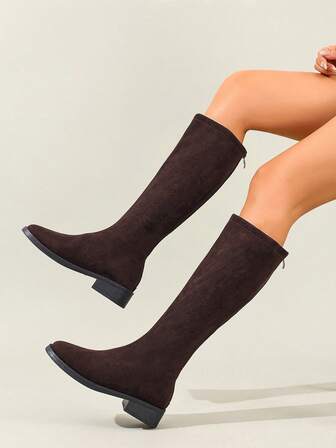 25pcs Women's Outdoor Sports Fashion Riding Boots, Faux Suede Casual Western Style With Back Zipper, Versatile For Holidays