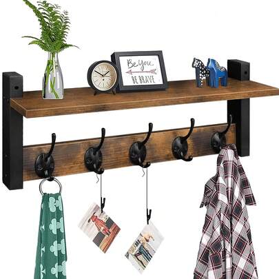 Vintage Wall Mounted Coat Rack With 5 Double Hooks, Floating Shelf, Entryway Wall Mounted Rack, Elegant Retro Design Space Saving Easy Installation, Suitable For Bedroom, Bathroom, Living Room, Hallway