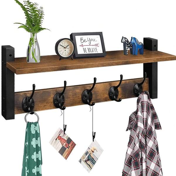 Perchero de pared vintage montado con 5 ganchos dobles, estante flotante, perchero de pared para entrada, diseño retro elegante que ahorra espacio y fácil de instalar, adecuado para dormitorio, baño, sala de estar, pasillo