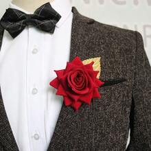 1pc French Artificial Rose Boutonniere, White, Burgundy, Red Rose Flower For Groom Wedding, Party Brooch Valentine's Day Accessories