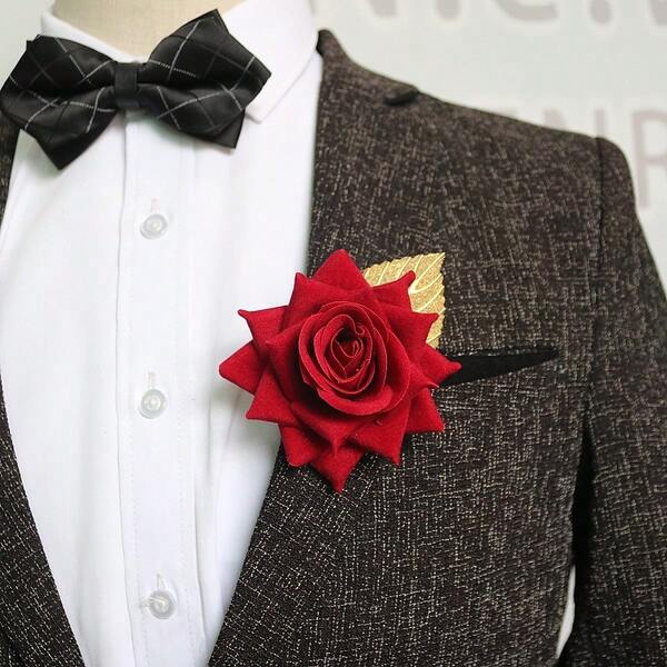 1pc French Artificial Rose Boutonniere, White, Burgundy, Red Rose Flower For Groom Wedding, Party Brooch