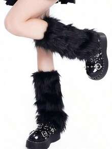 1 Pair Of Autumn And Winter Warm Socks, Knitted Socks, Sweet Girl Plush Leg Guards, Mid Length Boot Covers, Stacked Socks With Personalized, Thick And Warm Anti Cold Socks For Women - Black - View 1