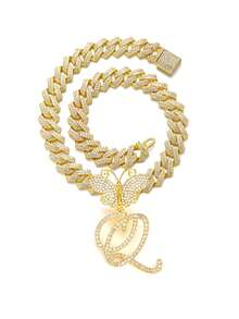 银色女士项链 A-Z 首字母个性化嘻哈经典蝴蝶字母吊坠链项链和手链套装饰物 26 个幸运字母，适合男女日常佩戴情人节时尚珠宝礼物，妈妈，母亲，母亲节，礼物 - 蝴蝶型 - 查看 65