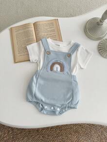 2pcs/Set Baby Boy Cute Rainbow Embroidered Short Sleeve T-Shirt And Bib Overalls Romper, Summer - Blue - View 5