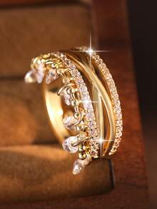 jealous young 1pc Glamorous Vintage Cross Water Drop Tassel Cubic Zirconia Wedding Rings,Shiny Multilayer Geometric Ring For Engagement Party ,Daily Accessories - Yellow Gold - View 5