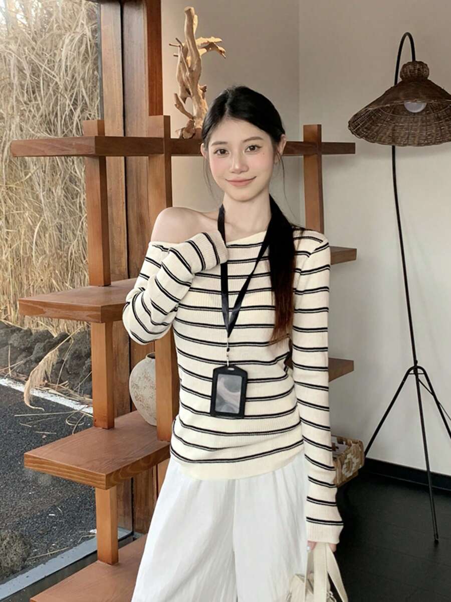 Autumn Oblique Collar Asymmetric Striped Slim Knit T-Shirt Top For Women - Apricot - View 1