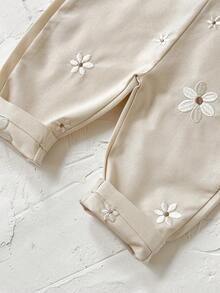 Baby Girls' Casual All-Over Embroidered Floral Light Blue Suspender Pants, Summer - Apricot - View 12