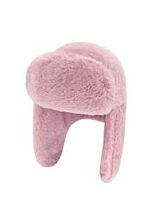 1pc New Sweet & Cute Soft Plush Long Ear Rabbit Ear Protection Hat, Warm Outdoor Lei Feng Hat, Solid Color Casual Polyester Embroidered