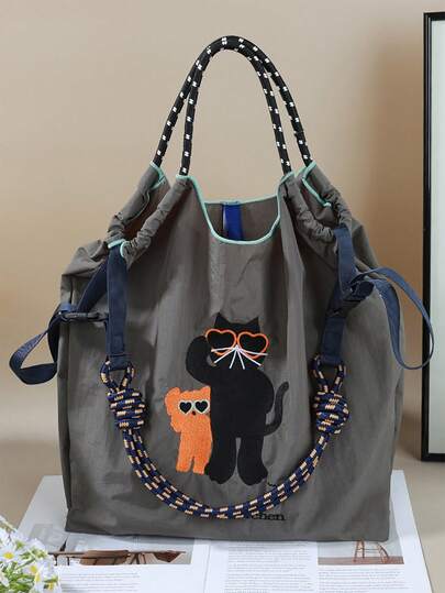 1pc Embroidered Cat Design Shopping Tote Bag, Large Capacity Travel Bag Nylon Drawstring Handbag Bag