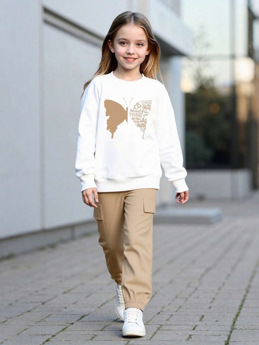 2 件套青少年女孩春秋长袖运动衫和工装裤套装，蝴蝶和字母印花，休闲，舒适，时尚 - 卡其色 - 查看 1