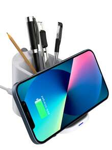 15W Wireless Charger With Pen Holder & Phone Stand, Desktop Wireless Charger - White - View 4