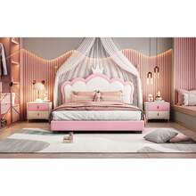 Full Size Upholstered Princess Bed With Crown Headboard For Girls, Full Size Platform Bed With Headboard And Footboard, White + Pink