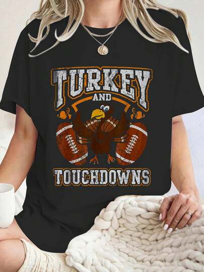 Thanksgiving Day Thanksgiving Turkey And Touchdowns Football Women T-Shirt Graphic Tees Women Crew Neck Short Sleeve Casual T-Shirt