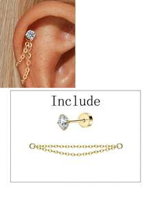 1pc 18K Gold Plated 4 Prong Inlaid Zirconia/Hypoallergenic Pierced Earring Chain Pendant Flat Back Cartilage Helix Piercing Fine Jewelry Suitable For Daily Wear Wedding Party Engagement Anniversary Valentine's Day - Multiple Styles - View 11