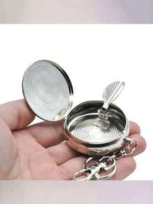 1PC Mini Cigarette Ashtray With Key Chain Smoking Accessories Stainless Steel Portable Round Shaped Silver Cigarette Supplies(Random Pattern)(Keychain Random) - Silver - View 3