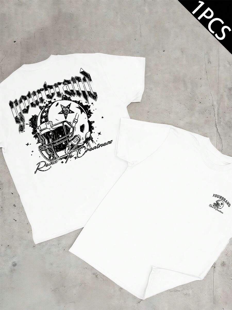 T-shirt con grafica casco da football , T-shirt da uomo con stampa fronte-retro, alla moda, casual, girocollo, in cotone 220 g/m2 (1 pezzo)