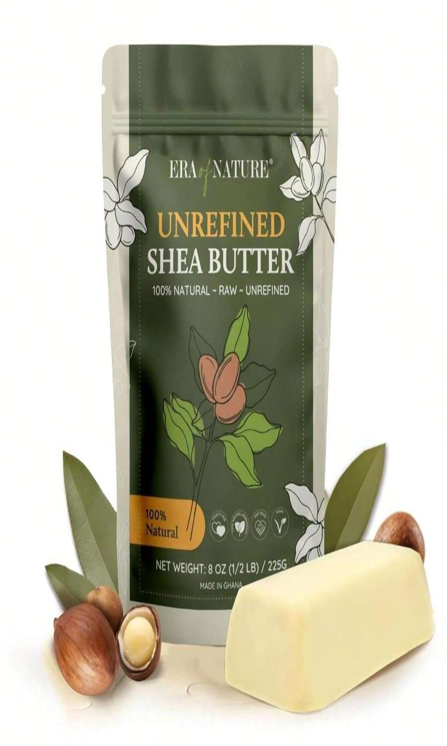 Era Of Nature Organic Unrefined Raw African Ivory White Shea Butter 8oz - Moisturizing Raw Shea Butter Bar For Skin &Amp; Hair, DIY Lip Balm Base, Cream, Soap &Amp; Lotion Making Supplies Kit, Skincare - 白色 - 查看 1