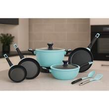 BATERIA FOODE ANTIADHERENTE MARMOL 9 PIEZAS NO SE PEGA LA COMIDA TAPAS IRROMPIBLES, MARMOL PREMIUM, UTENSILIOS  SILICONA, ARROZ, CREPAS, GUISADOS, TORTILLAS, MILANESAS Y MAS - Agua verde azul - Ver 4