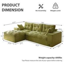 MAXYOYO L-Shaped Modular Sofa With Convertible Left/Right Ottoman,Cloud-Textured Tufted Cushions,Four Combinations,Sofa In A Box,No Assembly Required - Green - View 2
