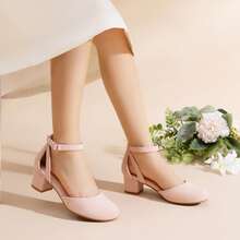 Little Girl's Wedding Party Pumps - Closed Toe High Heels With Ankle Strap For Toddler & Big Kid - Nude - View 2