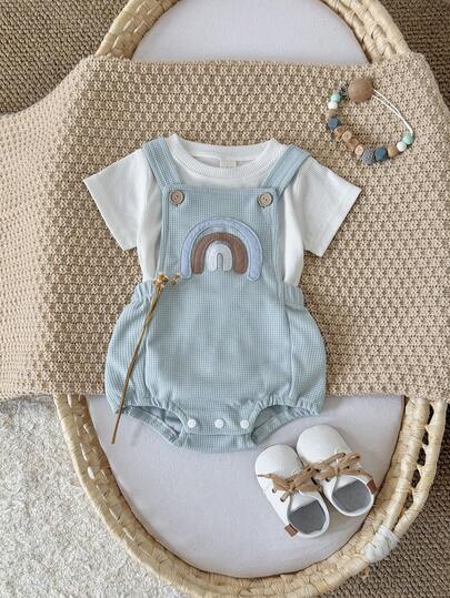 Set de 2 piezas de body de verano para bebé niño con camiseta de manga corta con bordado de arcoíris lindo y peto