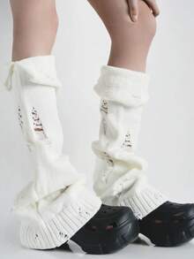 Harajuku Subculture Distressed Y2K Style High Value Babe Side Slit Cuff Knit Layered Sock Sheath Over Knee Long Length Lazy Street Design - 白色 - 查看 8