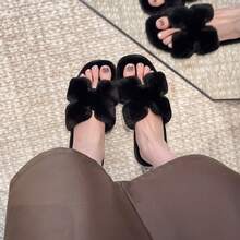 女款居家拖鞋，舒適時尚毛茸茸拖鞋，四季通用室內平底毛絨拖鞋，女款地板拖鞋，蓬鬆居家拖鞋，室內地板冬季保暖輕量臥室拖鞋 - 黑色 - 查看 6