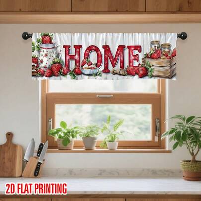 1pc Strawberry Home Decor Curtain - "HOME" Design With Red Strawberries, White Teapot & Blue & White Checkered Pattern - Perfect For Kitchen, Living Room, Or Guest Bedroom - Durable Polyester With Rod Pocket For Easy Setup, Strawberry Kitchen Decor